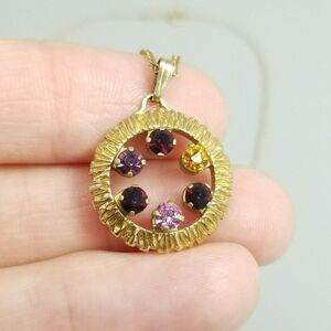 Vintage Anson Red Purple Pink Rhinestone Round Circle Pendant Necklace, 18 Inch